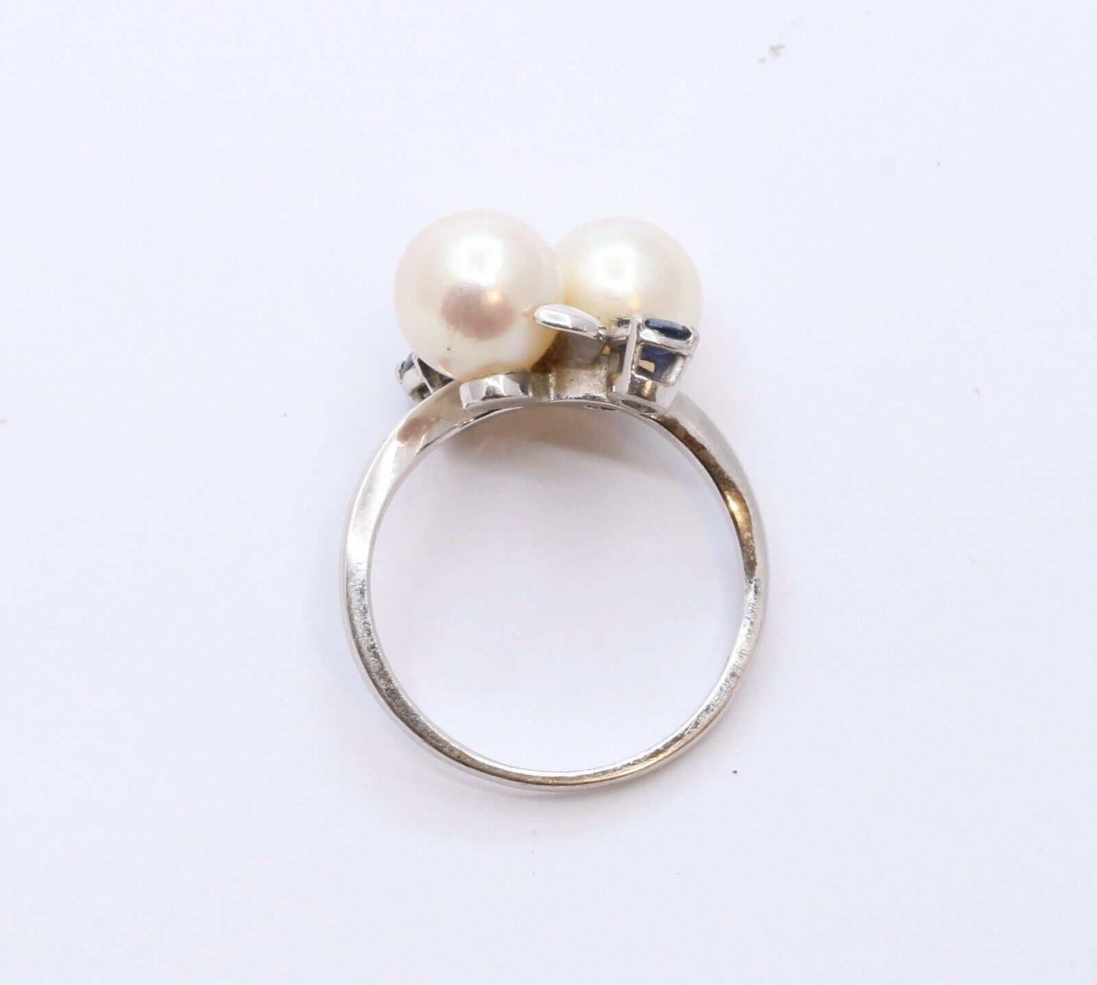 Mikimoto Vintage Pearls Blue Sapphires 14K White Gold Ring