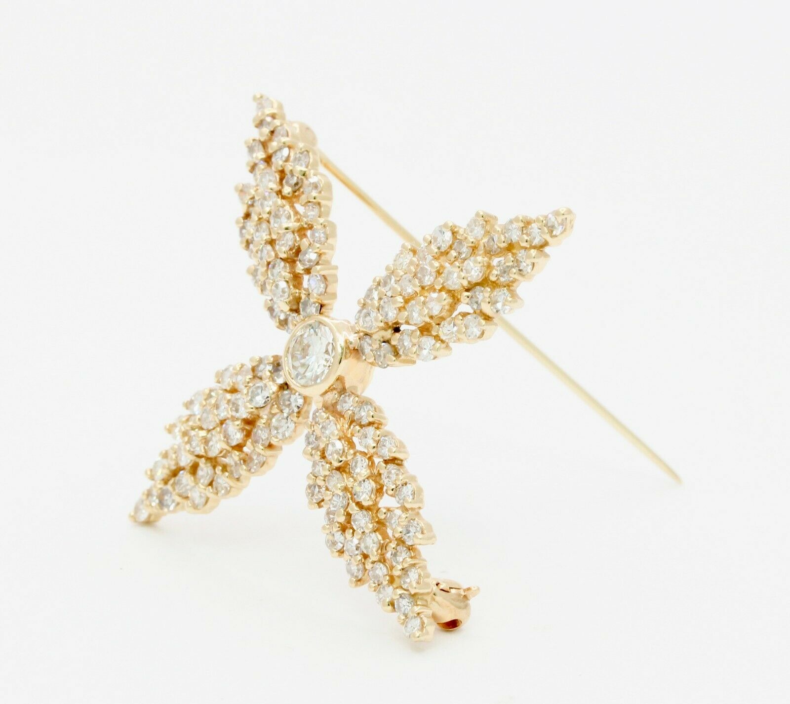 Vintage 14K Yellow Gold Four Leaf 6.50 Carat Diamond Brooch