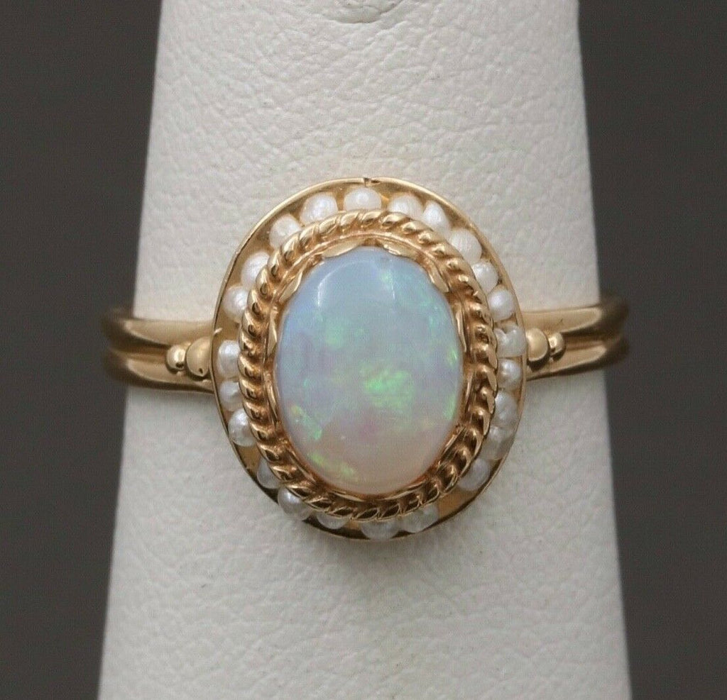 Vintage 14K Yellow Gold Opal Pearl Halo Ring, Statement Ring.