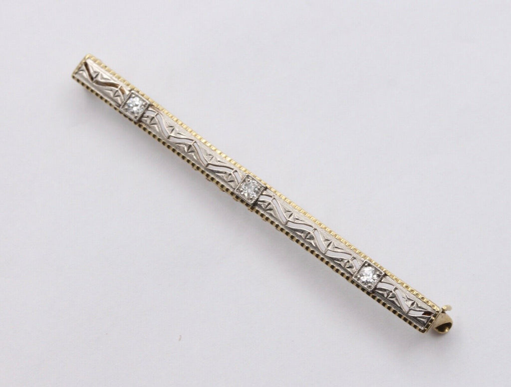 Art Deco 14K White Yellow Gold Diamonds Bar Brooch Pin