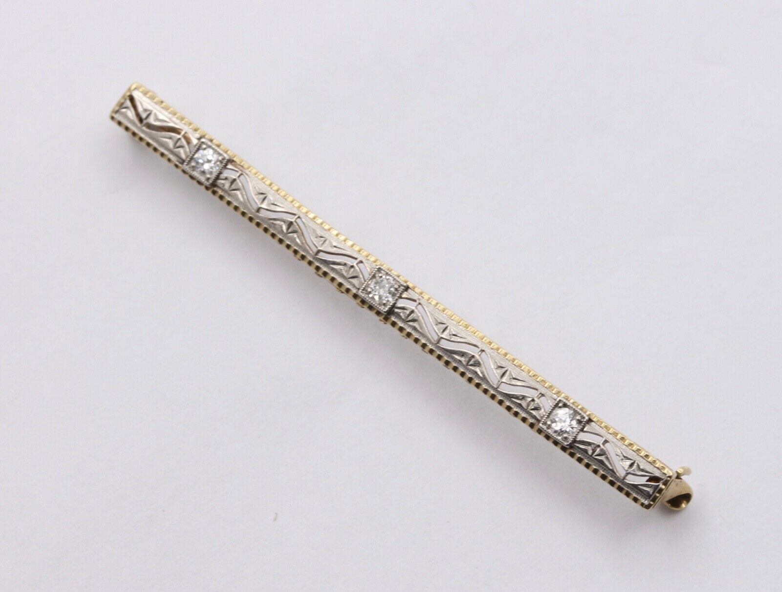 Art Deco 14K White Yellow Gold Diamonds Bar Brooch Pin