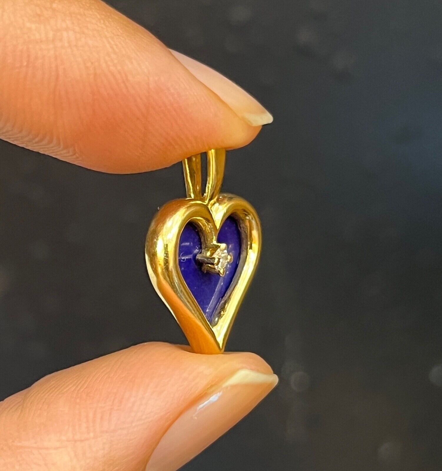 Vintage 14K Yellow Gold Lapis Lazuli Heart Diamond Pendant, Charm