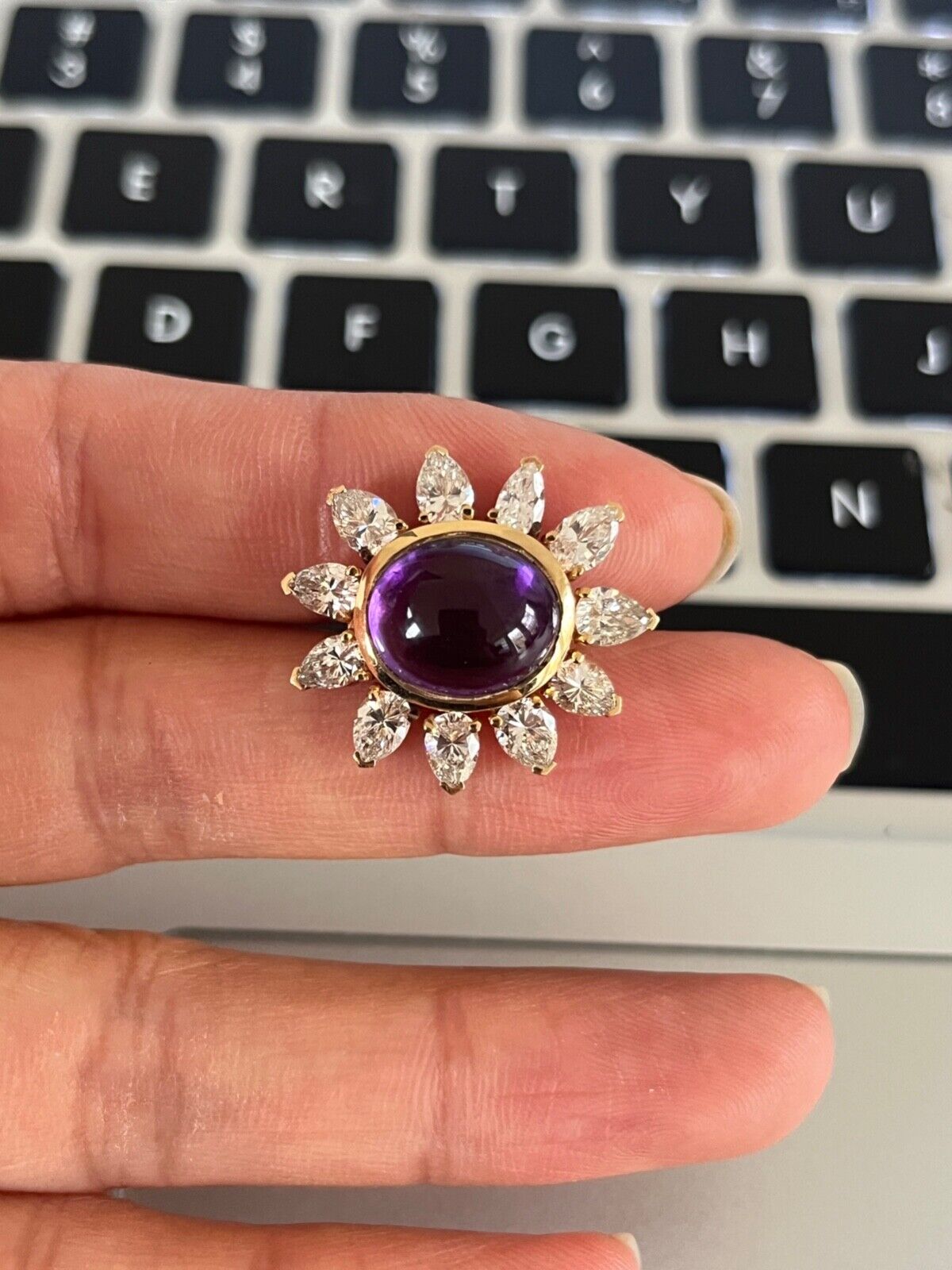 Vintage 14K Yellow Gold Diamond and Amethyst Flower Brooch