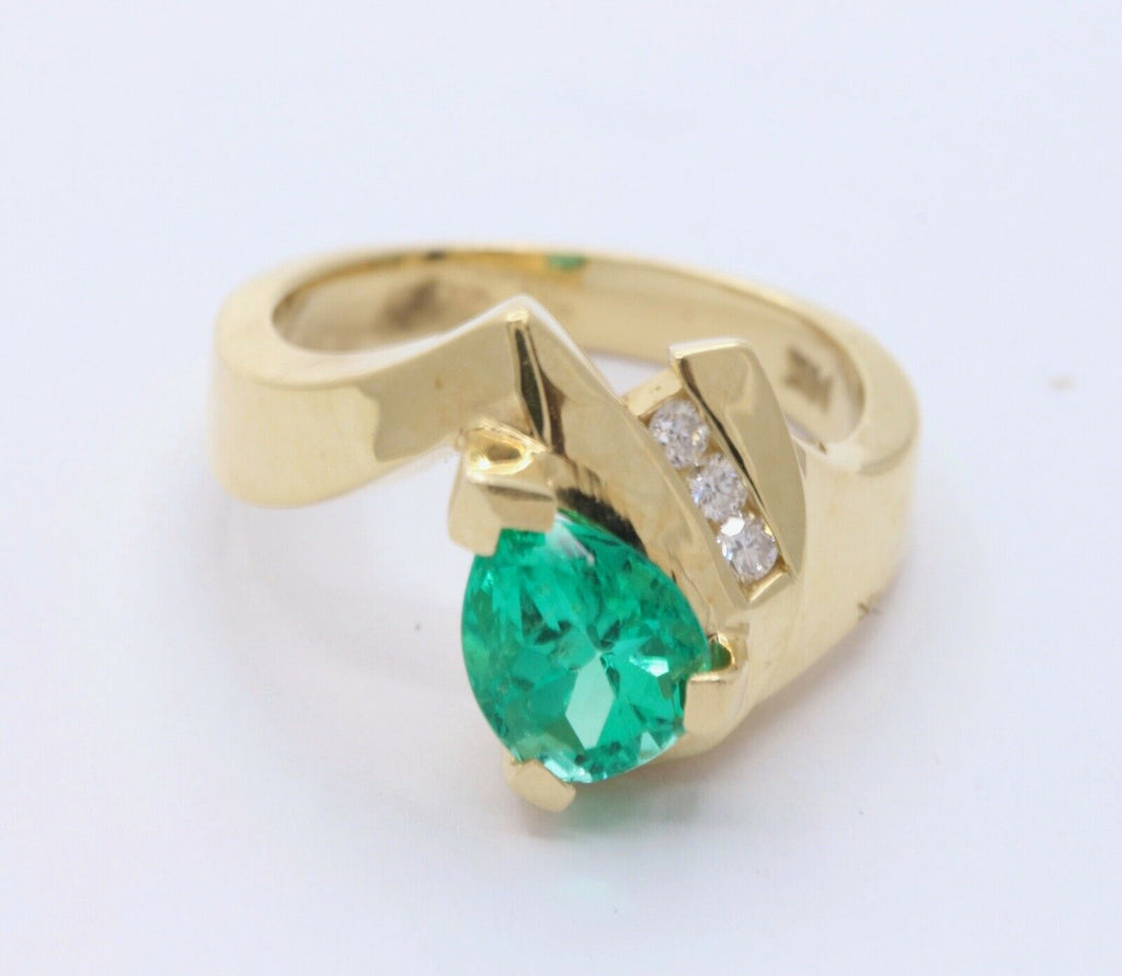 Vintage Modernist Emerald Diamonds 14K Yellow Gold Bypass Ring