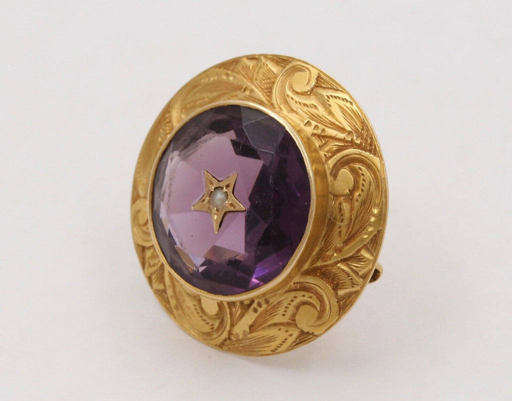 Victorian 14K Yellow Gold Amethyst & Seed Pearl Brooch Pin