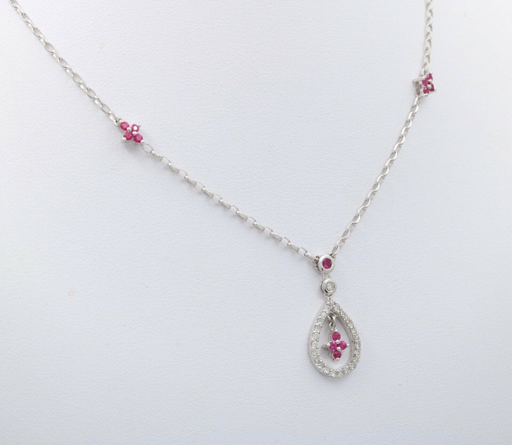 Elegant 18K White Gold Tear Drop Diamond & Ruby Pendant Necklace
