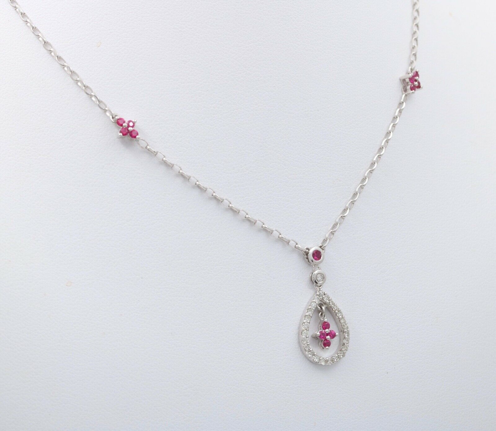 Elegant 18K White Gold Tear Drop Diamond & Ruby Pendant Necklace