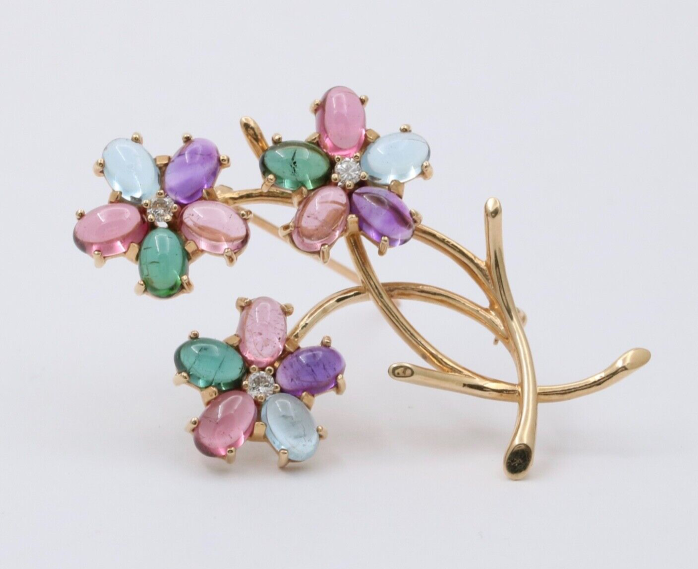Vintage 14K Gold Multi Color Stones Diamond Flower Bouquet Brooch. Pin.
