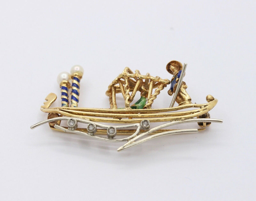 Vintage 18K Yellow Gold Enamel Diamond Boat Brooch