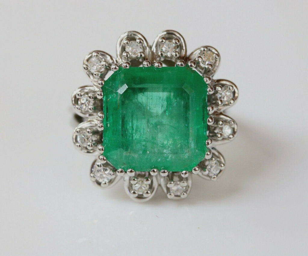 Vintage Emerald Cut Columbian Emerald Diamonds Platinum Ring