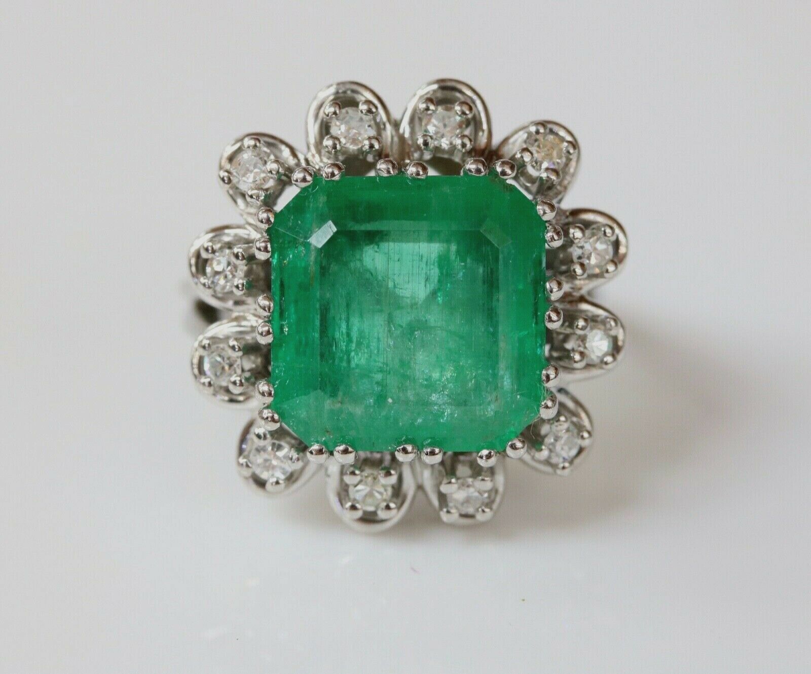 Vintage Emerald Cut Columbian Emerald Diamonds Platinum Ring