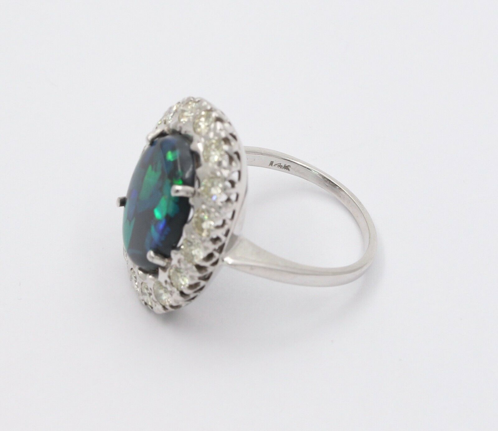 Vintage 14K White Gold Australian Black Opal Diamond Halo Setting Cocktail Ring