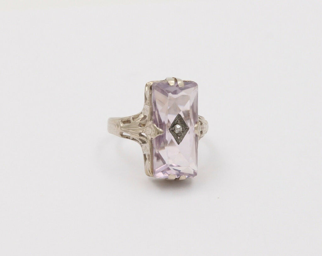 Art Deco Rose De France Amethyst Rose Cut Diamond 14K White Gold Ring