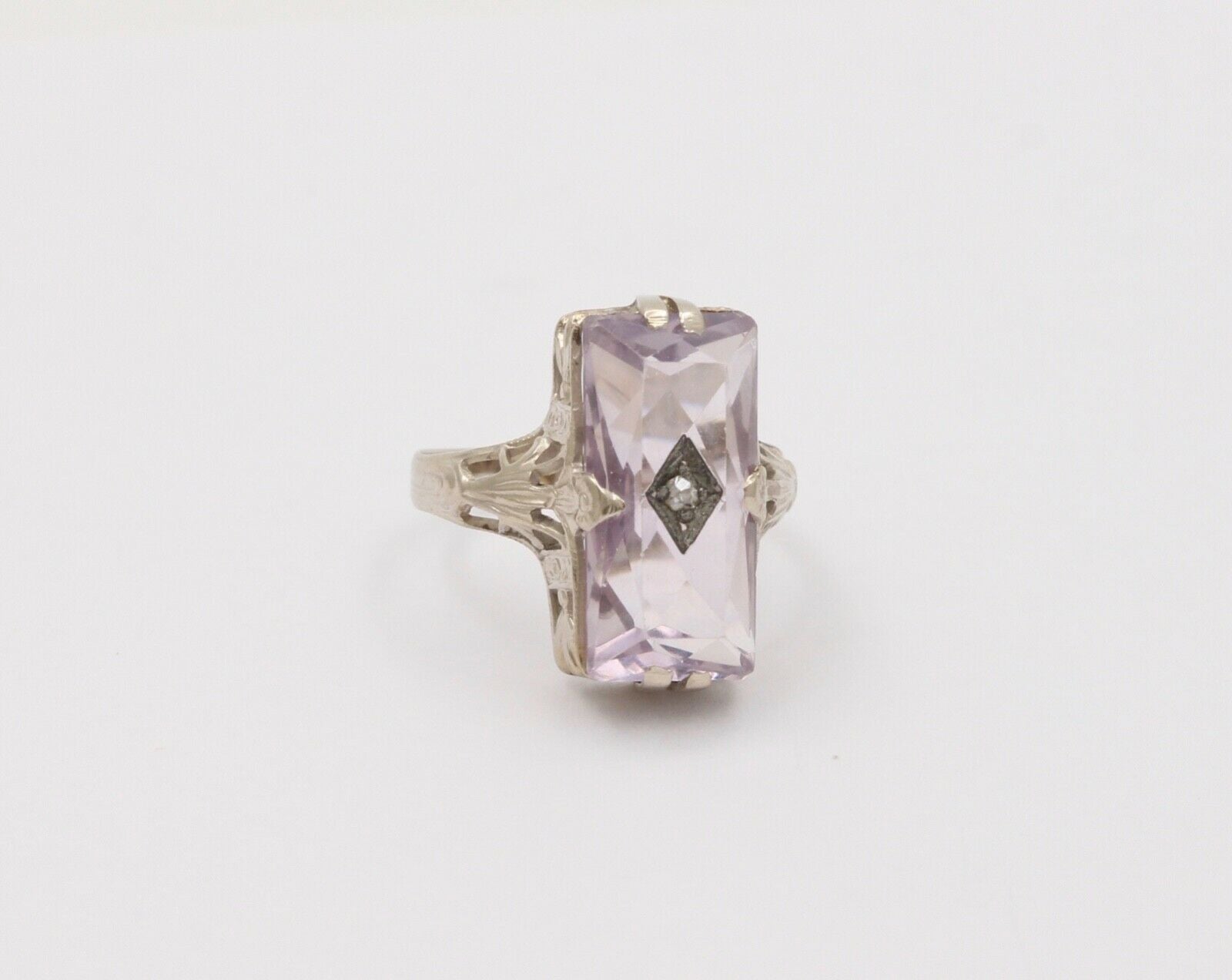 Art Deco Rose De France Amethyst Rose Cut Diamond 14K White Gold Ring