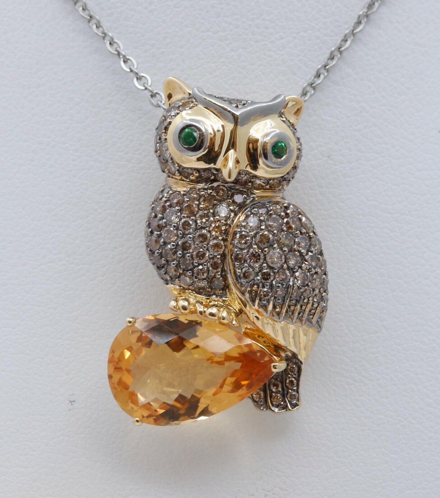 Vintage Owl Pendant 18K Yellow White Gold Citrine Diamonds Emeralds