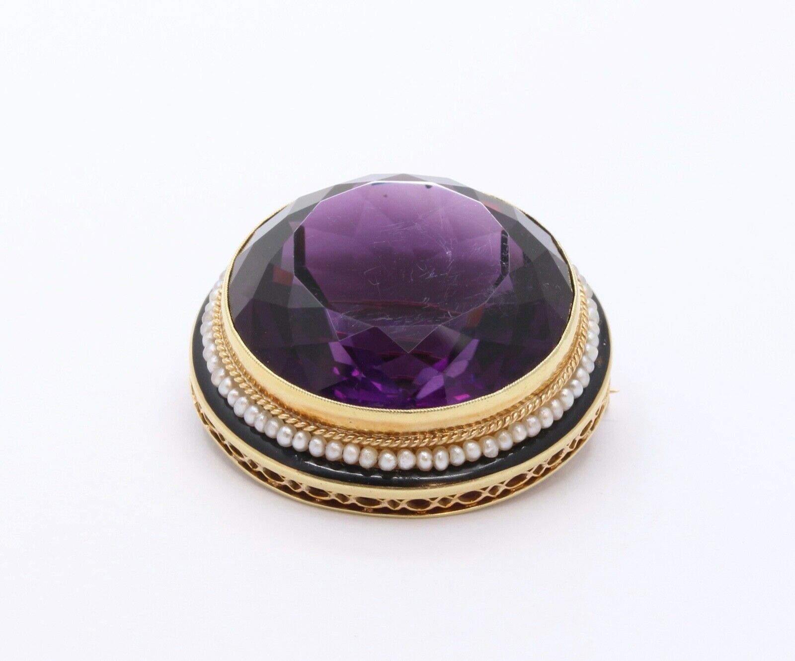 Victorian Edwardian Siberian Amethyst Pearls 14K Yellow White Gold Brooch Pin