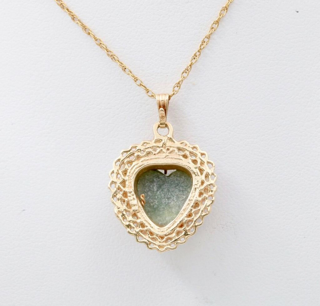 Vintage 14K Yellow Gold Heart Aventurine Pearl Pendant Necklace, Heart Charm