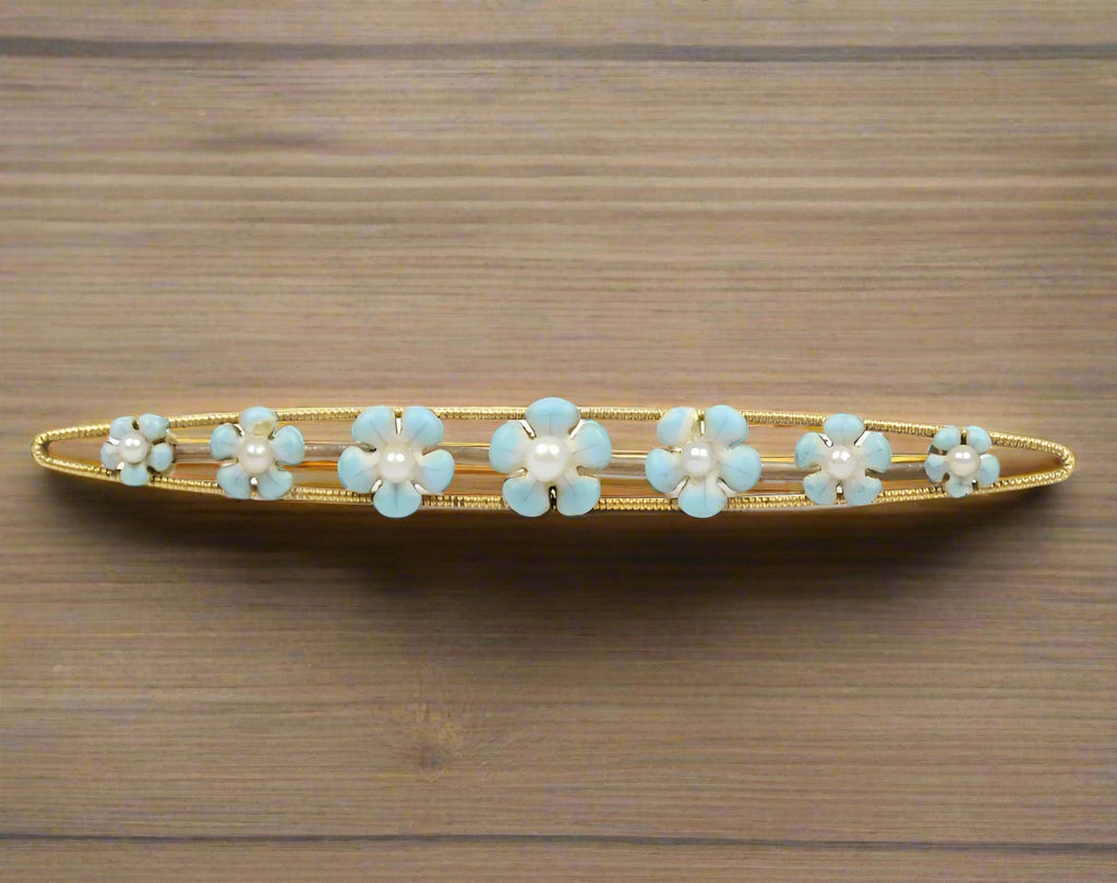 Art Nouveau 14K Yellow Gold Forget Me Not Flower Enamel Bar Pin