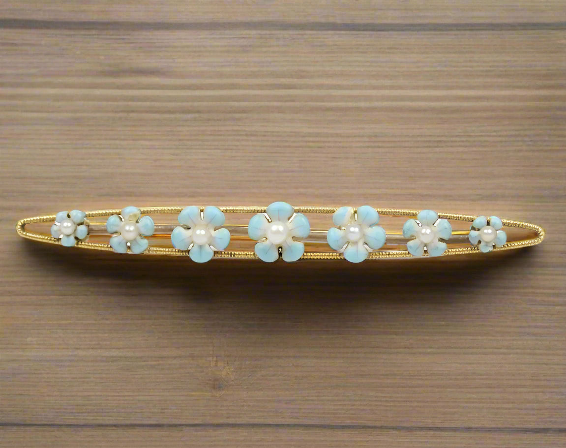 Art Nouveau 14K Yellow Gold Forget Me Not Flower Enamel Bar Pin
