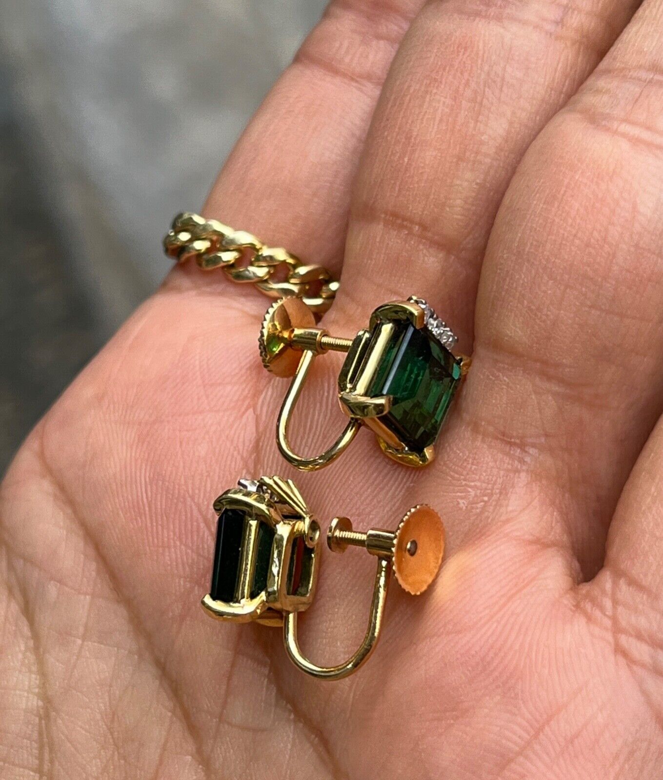 Vintage 18K Gold Green Tourmaline and Diamond Earrings.