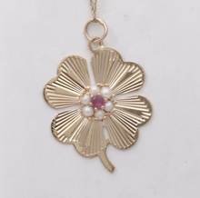 Load image into Gallery viewer, Vintage 14K Yellow Gold Four Leaf Clover Pearl &amp; Ruby Charm Pendant
