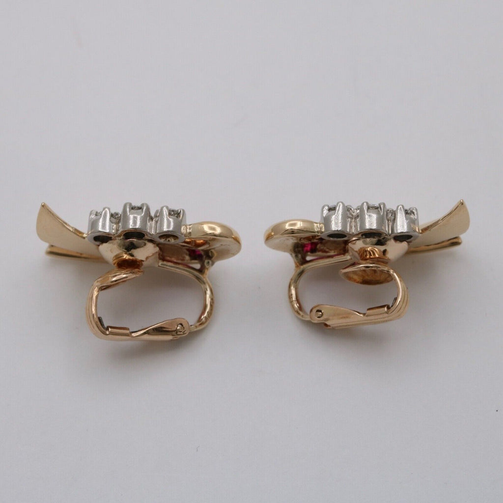 Vintage Retro 14K Yellow Gold Ruby & Diamond Earrings