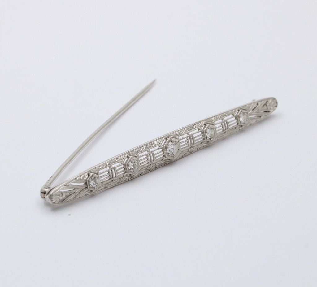 Art Deco 14K White Gold Diamond Filigree Bar Pin, Brooch