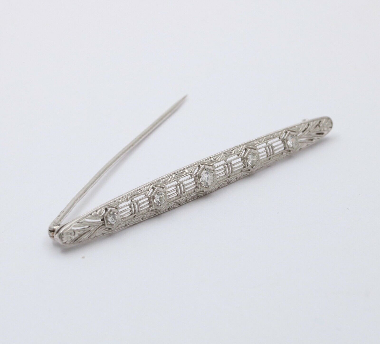 Art Deco 14K White Gold Diamond Filigree Bar Pin, Brooch