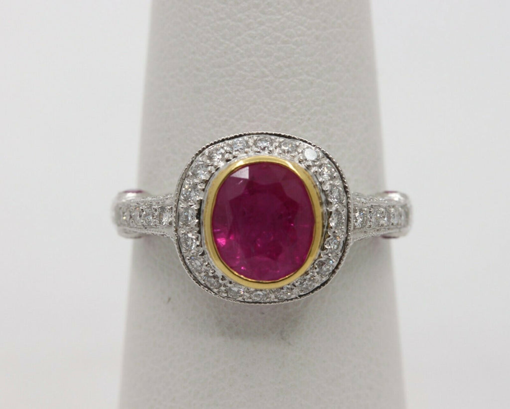 Vintage 18K White Gold Halo Setting Natural Ruby Diamond Alternative Engagement