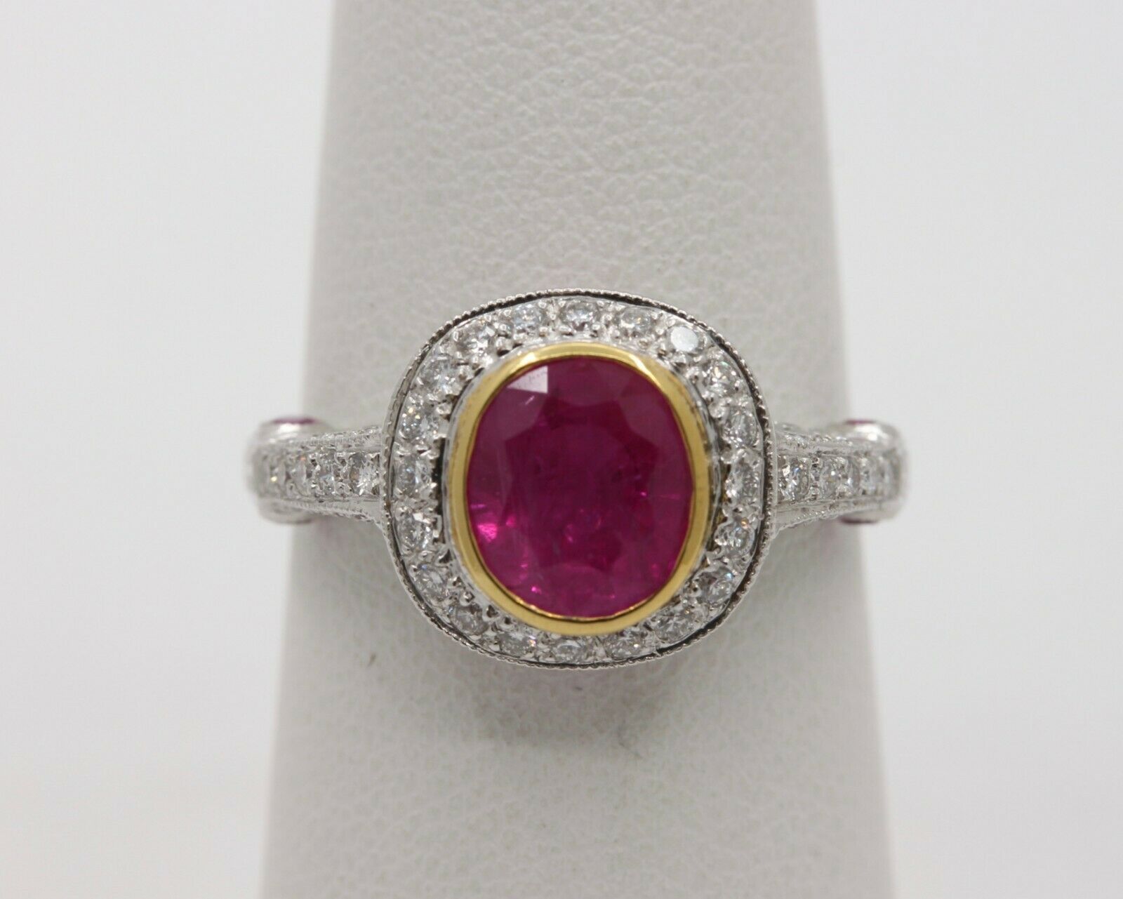 Vintage 18K White Gold Halo Setting Natural Ruby Diamond Alternative Engagement