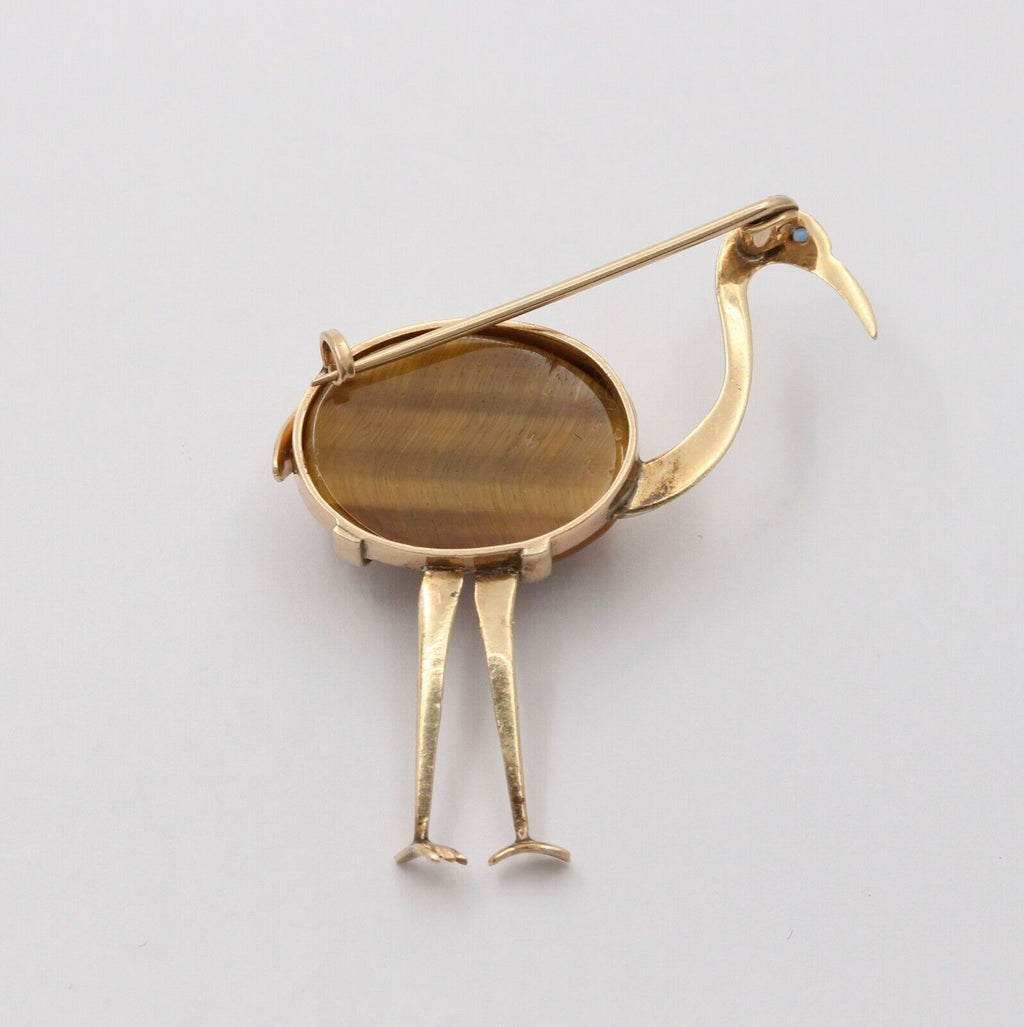 Vintage 14K Yellow Gold Tiger Eye Crane Bird Brooch, Estate Pin.