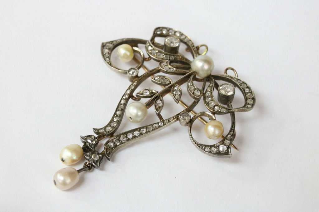 Victorian Gold Over Silver Diamonds Pearls Brooch Pendant
