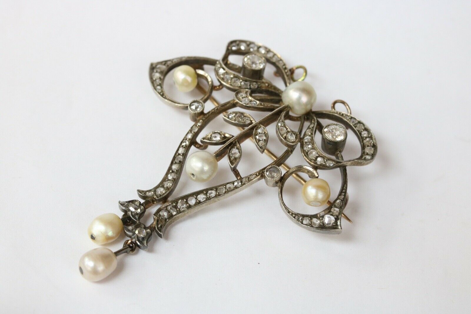 Victorian Gold Over Silver Diamonds Pearls Brooch Pendant