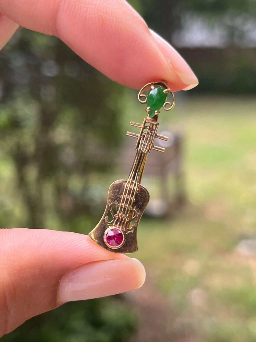 Vintage 18K Yellow Gold Chrysoprase & Pink Tourmaline Chinese Ukulele , Guitar B