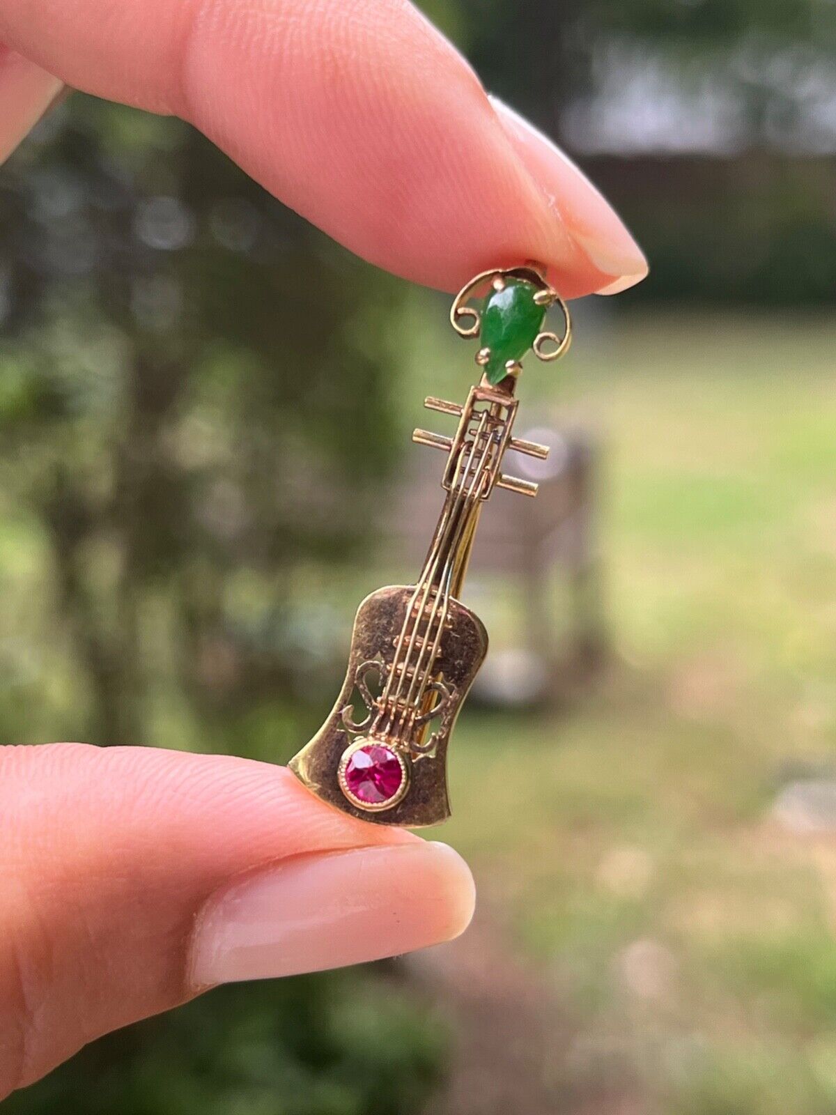 Vintage 18K Yellow Gold Chrysoprase & Pink Tourmaline Chinese Ukulele , Guitar B