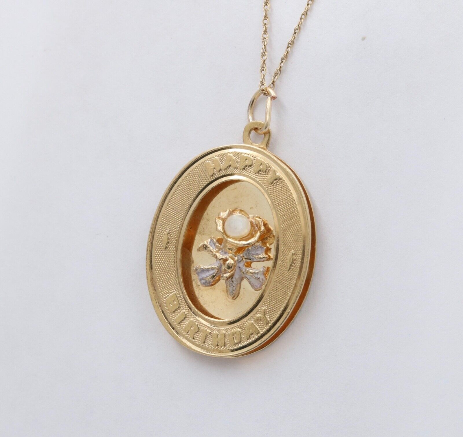 Vintage 14K Gold Pearl “ Happy Birthday” Flower Bouquet Charm Pendant