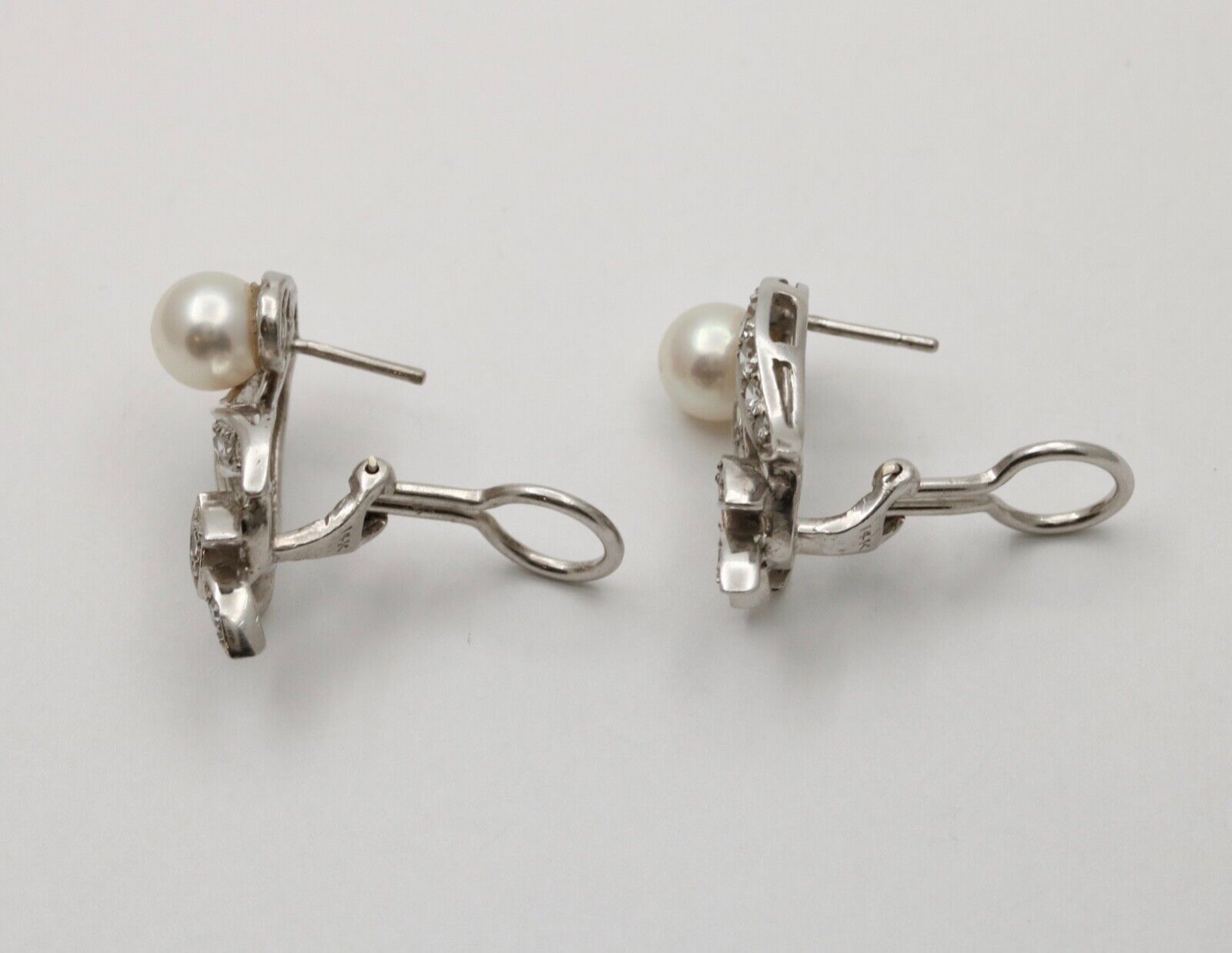 Elegant Vintage 14K Gold Pearl and Diamond Clip Earrings.