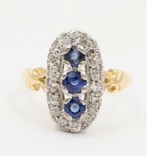 Load image into Gallery viewer, Edwardian Blue Sapphire Diamonds Yellow White Gold Ring
