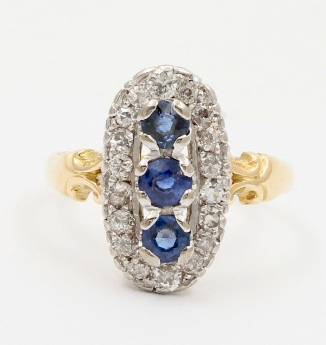 Edwardian Blue Sapphire Diamonds Yellow White Gold Ring