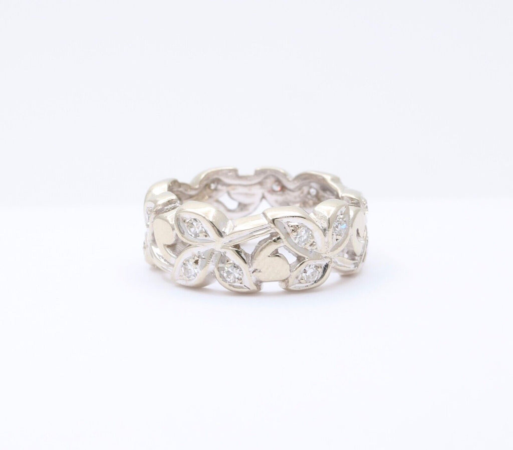 Vintage 14K White Gold Diamond Wide Ring Band.