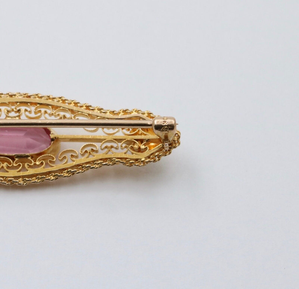 Vintage Pink Tourmaline 10K Yellow Gold Brooch Pin