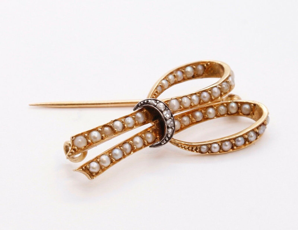 Victorian Ribbon 18K Yellow White Gold Diamonds Seed Pearls Brooch Pin