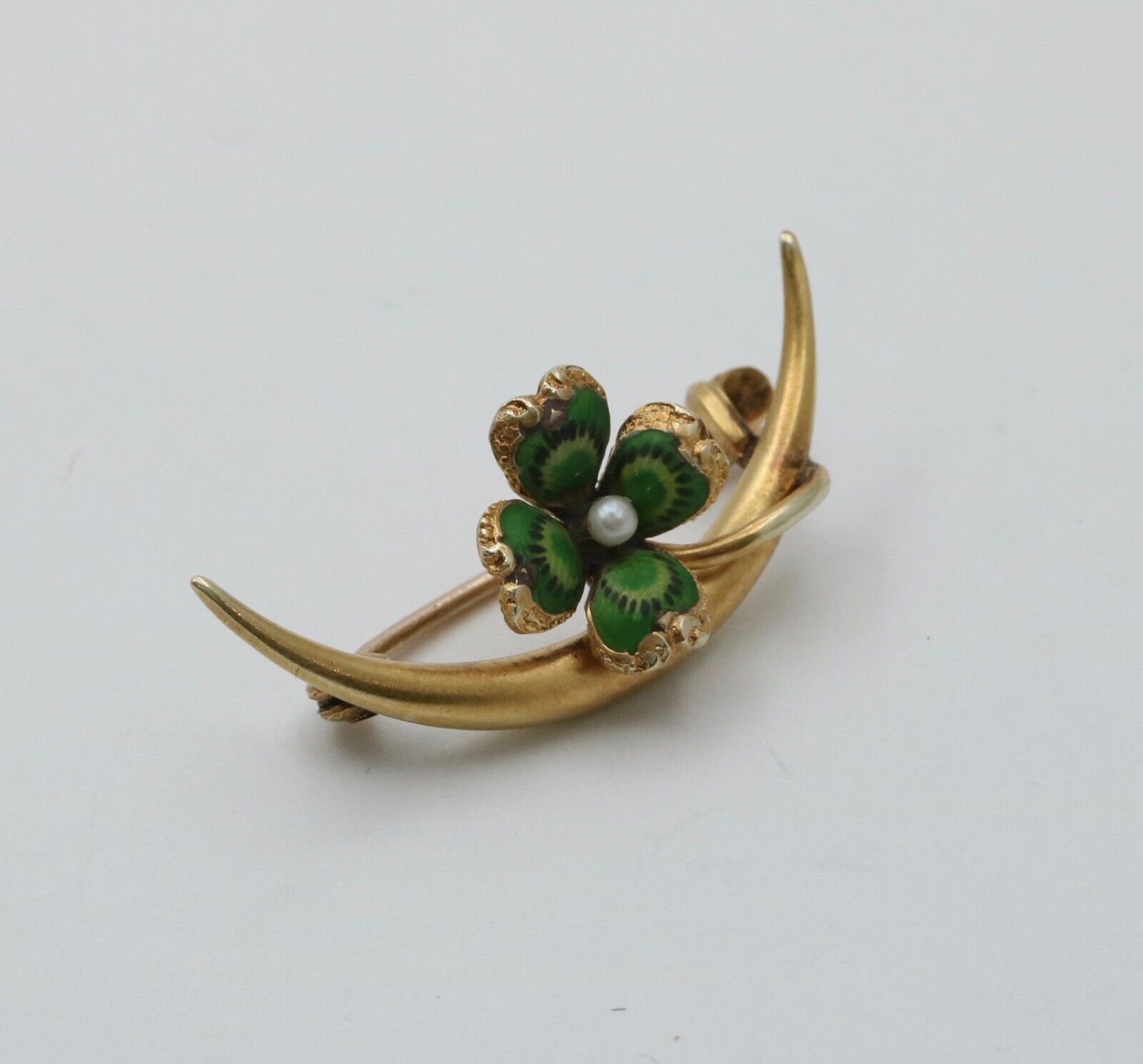 Victorian Crescent Enamel Four Leaf Clover Seed Pearl Brooch Pin