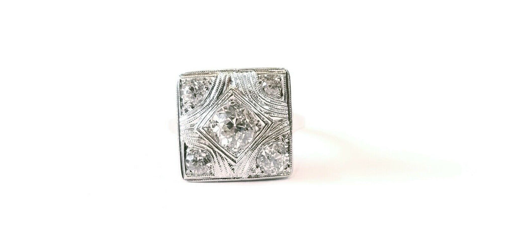 Art Deco Geometric Rope Filagree Diamonds 14K White Gold Ring