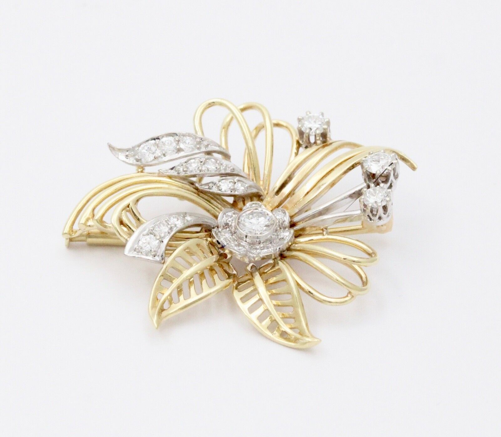 Vintage Flower Diamonds 14K Yellow Gold Pendant Brooch Pin