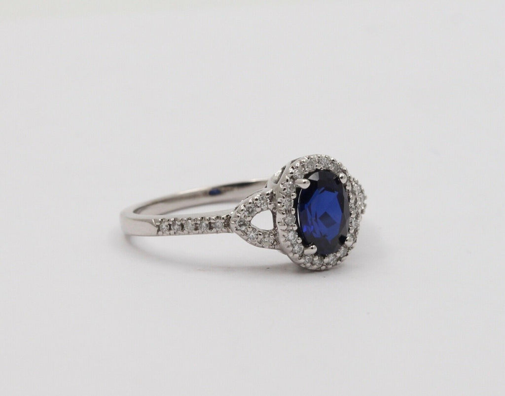 Vintage Cushion Cut Sapphire and Diamond Halo 14K White Gold Ring