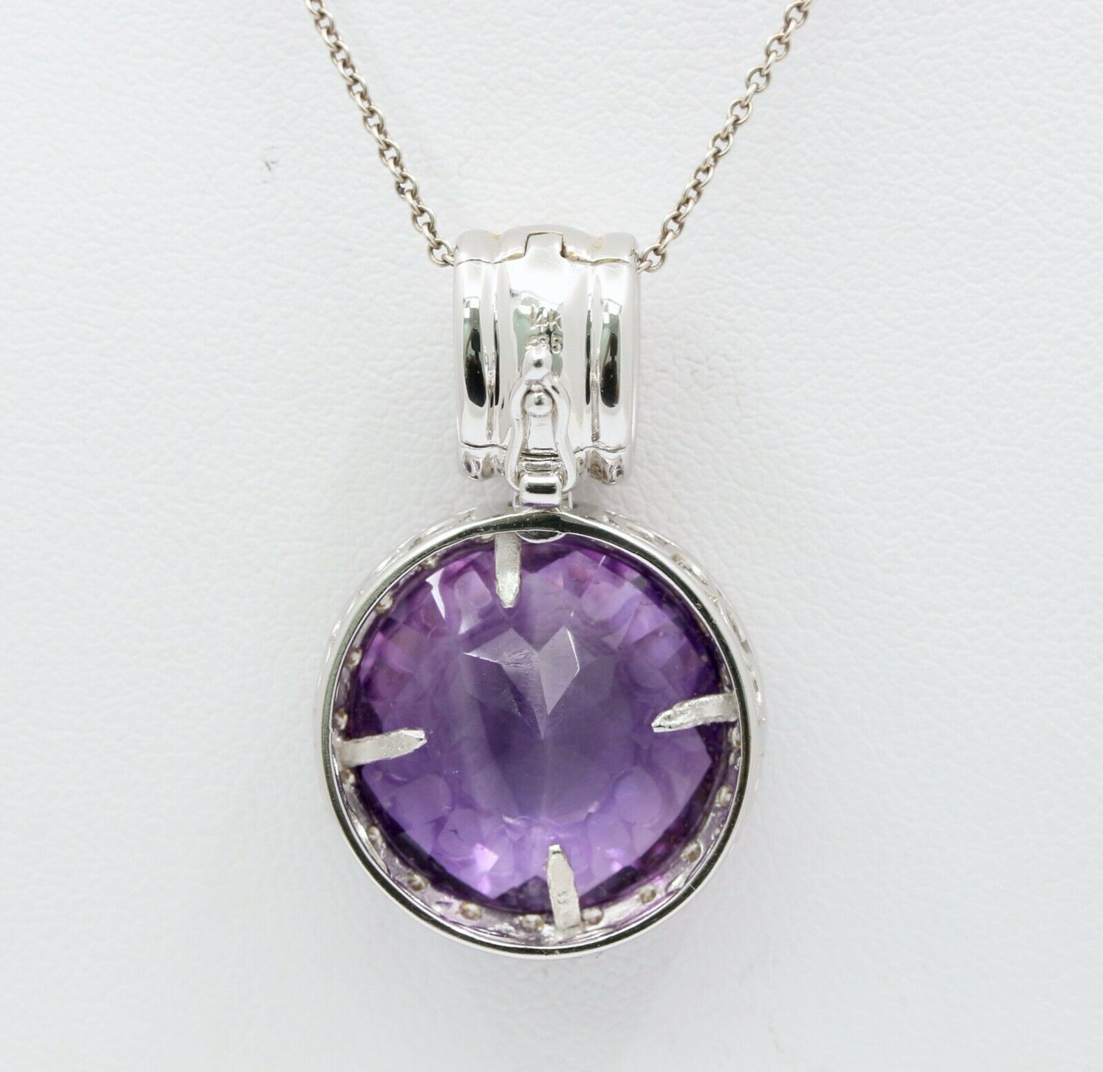 Vintage Ladies Amethyst Diamonds 14K White Gold Pendant