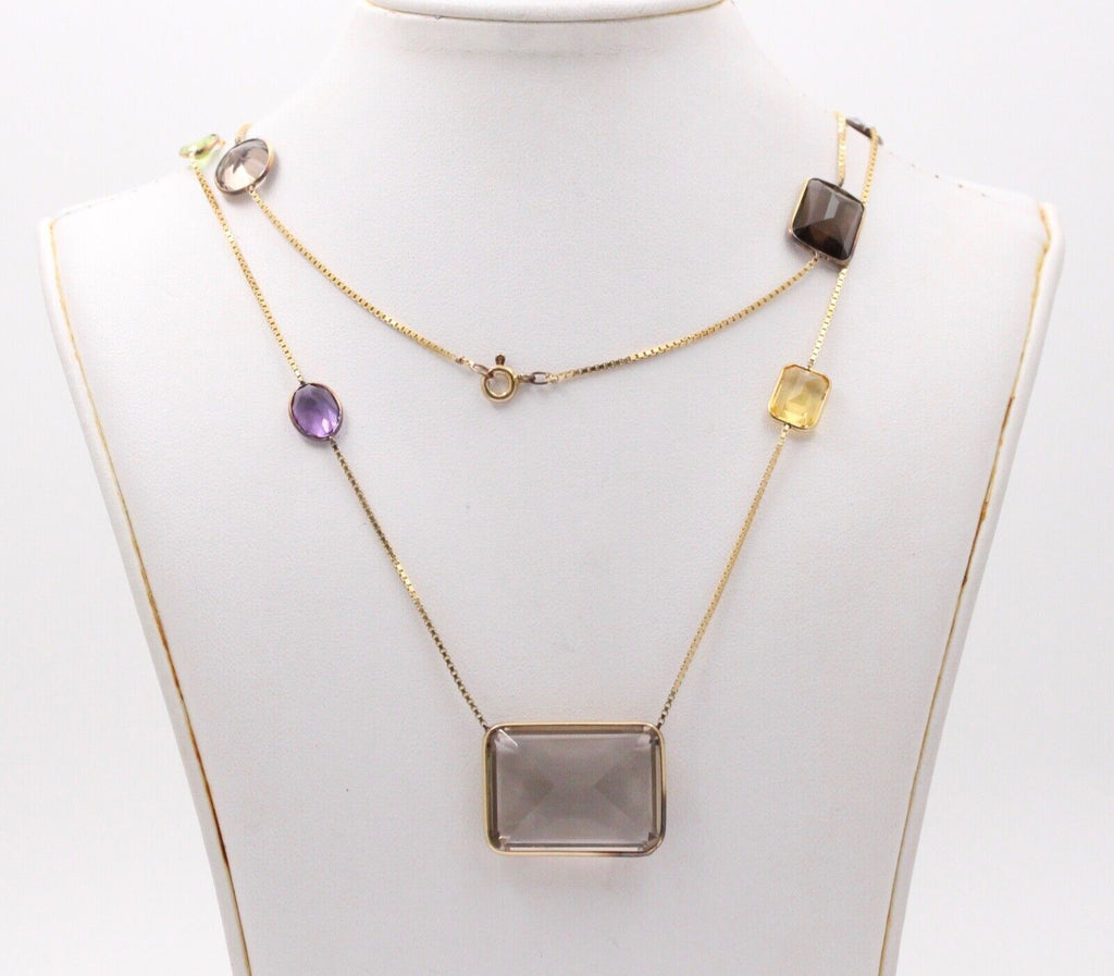 Vintage 14K Yellow Gold Smoky Quartz, Amethyst, Citrine,and Peridot Station Neck
