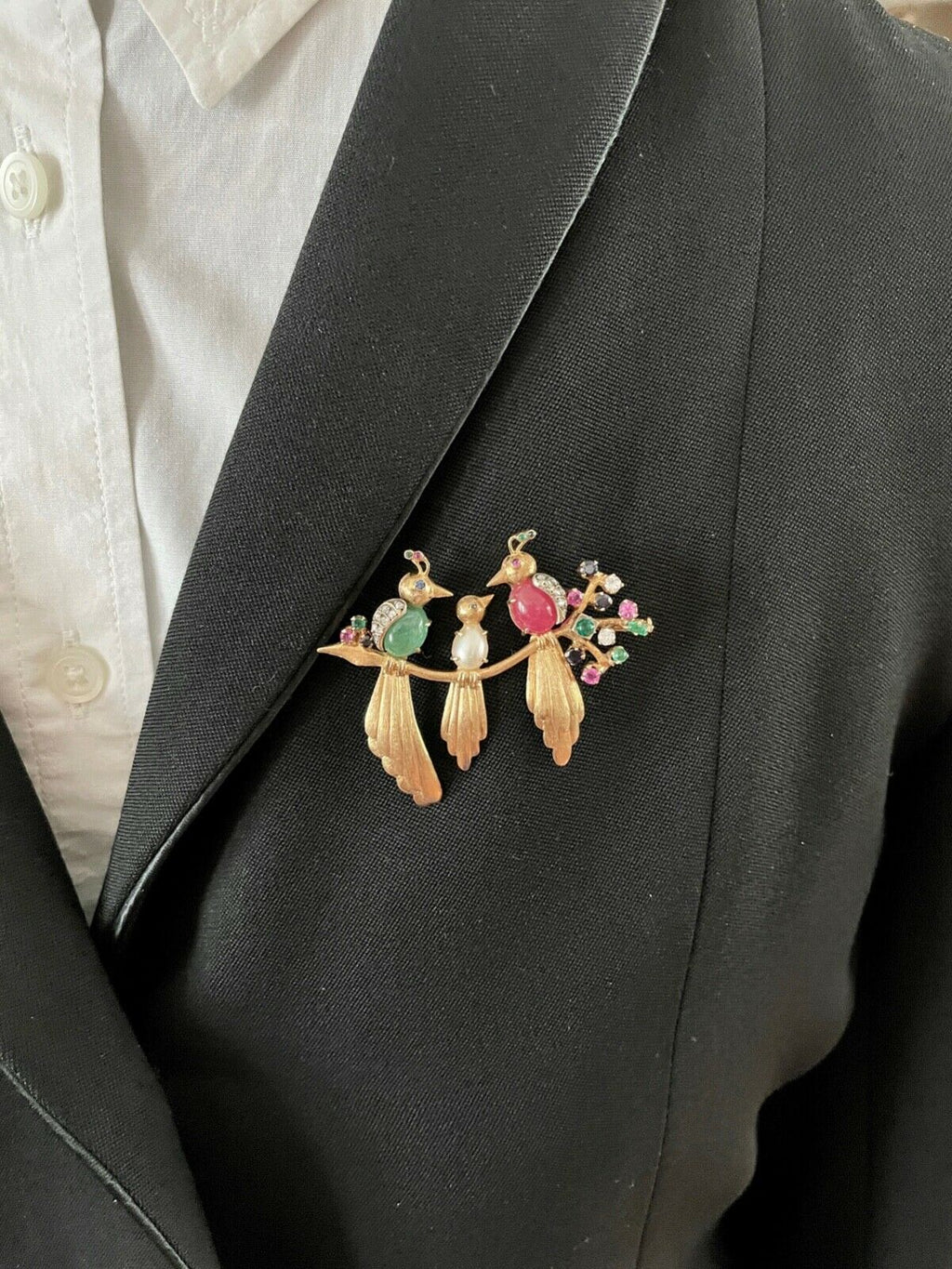 Birds of Paradise Emeralds Rubies Diamonds 18K YG Brooch