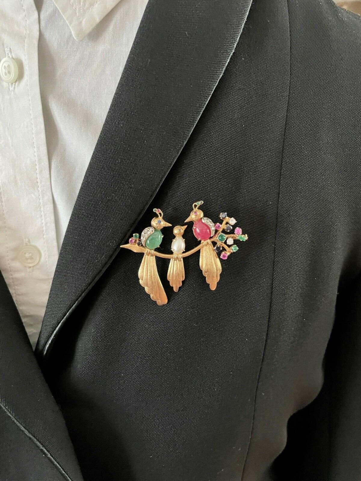 Birds of Paradise Emeralds Rubies Diamonds 18K YG Brooch